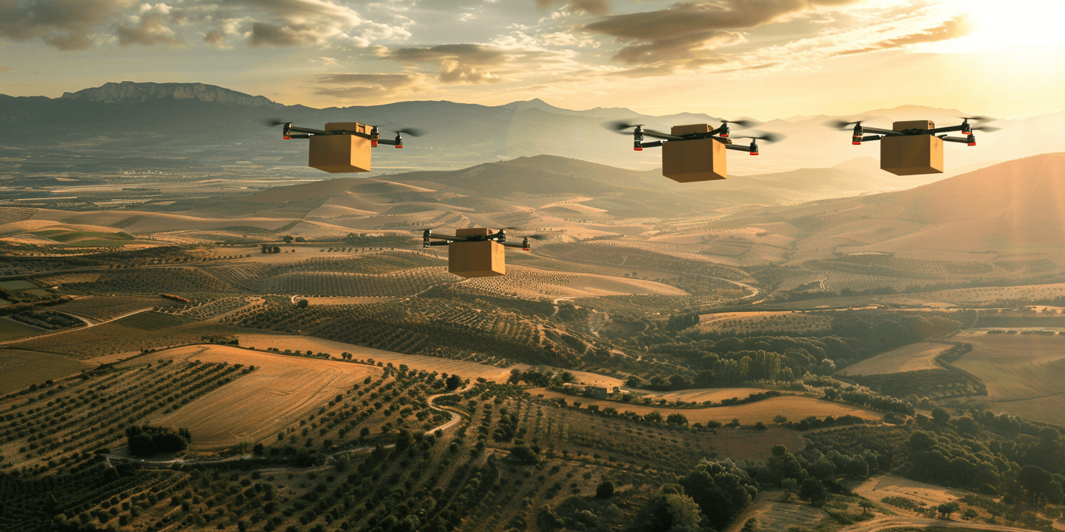 Drones flying over rural farmland